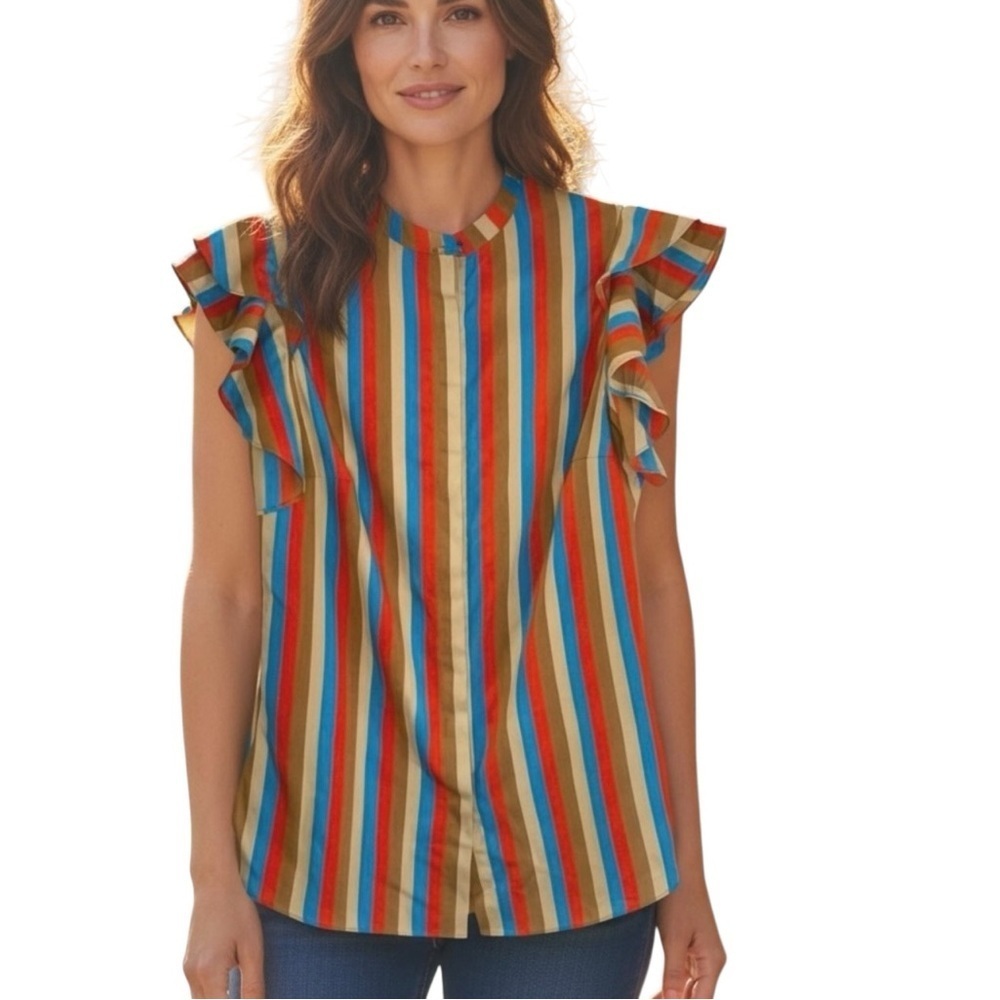 AKRIS Punto Colorful Striped Ruffle Sleeve Blouse size 6